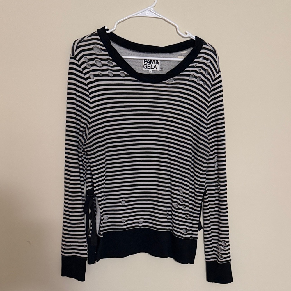 Pam & Gela Black and White Striped Button-Accent Long Sleeve Top